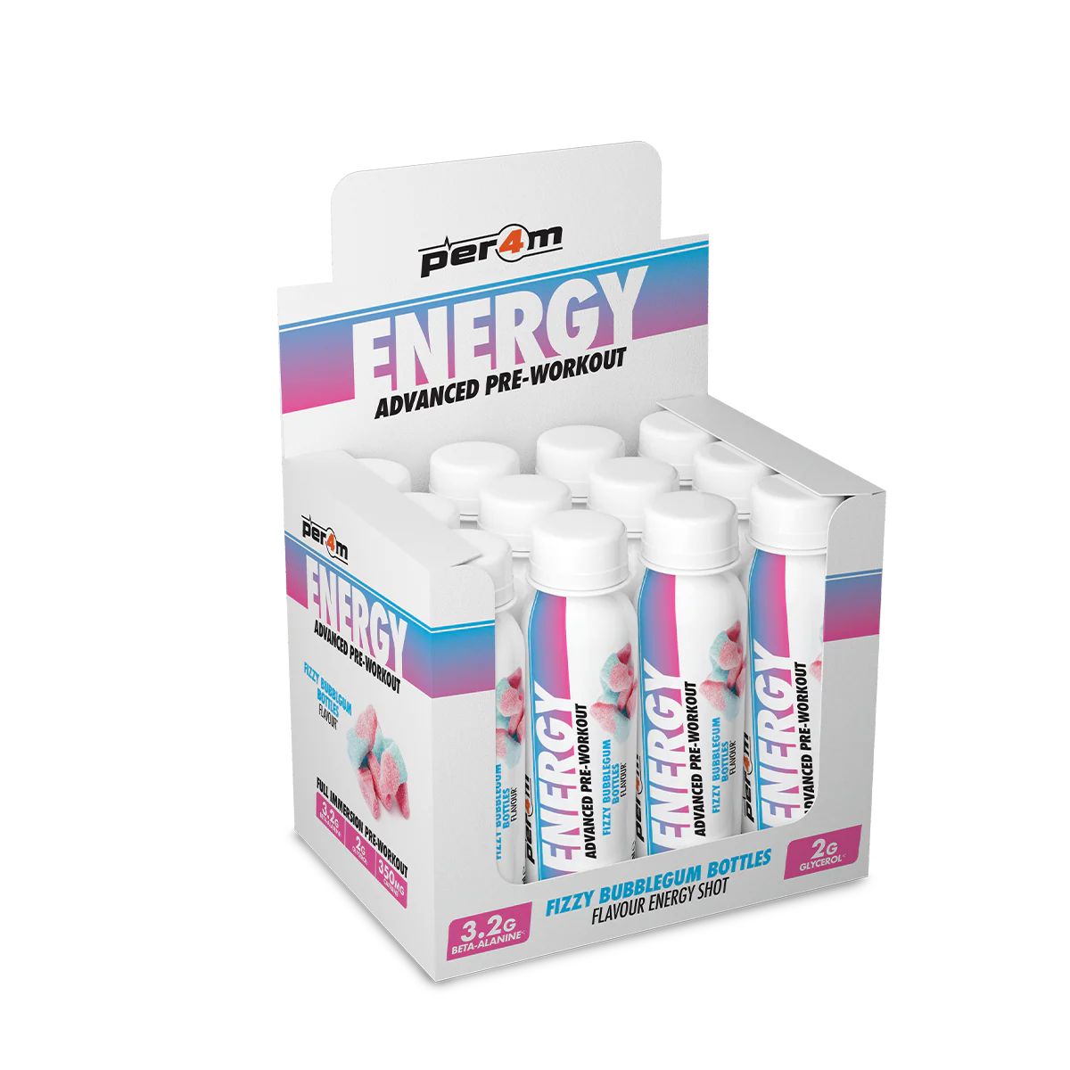 Energy Pre-Workout Shots Fizzy Bubblegum Bottles